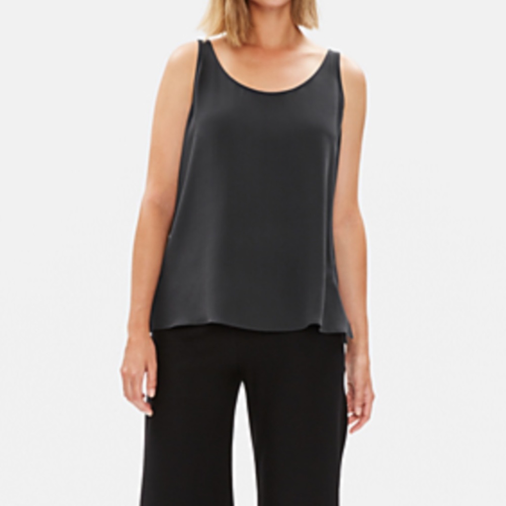 NWT Eileen Fisher SILK GEORGETTE CREPE Scoop Neck Tank Top Charcoal Gray Size PP